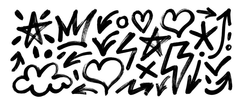 Bold brush drawn doodle shapes for graffiti street art poster design. Hand drawn thick heart and star symbols. Funky bold sticker collection. Naive brush graphic vector elements. Funky thick doodles.