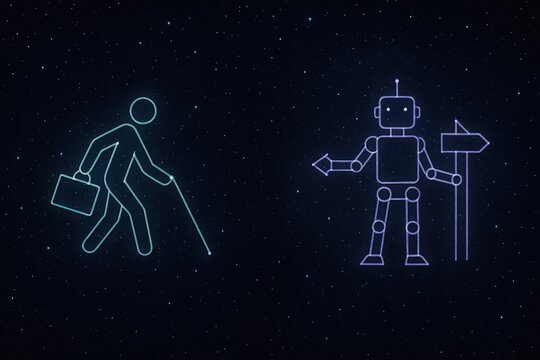 Human and robot juxtaposition illustrating the evolution of labor and technology showcasing distinct pathways of traditional employment and digital automation futures