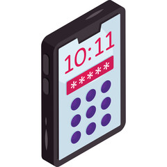 Smartphone Screen Displaying Time and Password Entry With Purple Buttons and Red Digits In A Dark Casing Isometric View