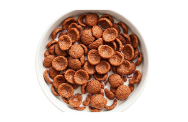Top view of a white bowl filled with chocolate cereal puffs soaking in milk, isolated on transparent background