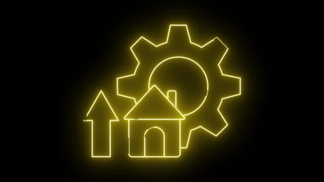 A yellow neon style outline of a house upward arrow and gear against a black background