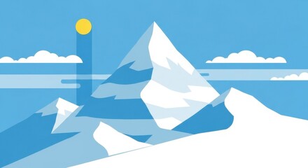 Minimalist mountain landscape vector graphic with snowy peaks and a bright yellow sun in a clear