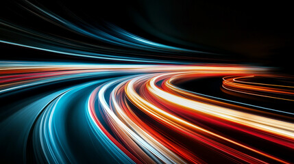 Curved light trails stretching upward showing fast moving car acceleration and motion on a night road with city lights creating a dynamic high speed concept background