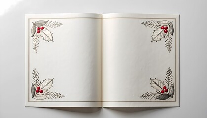 Elegant blank Christmas card with decorative holly sprigs in each corner, offering a festive and traditional touch for holiday greetings and personal messages