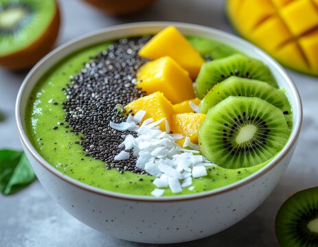 Healthy green smoothie bowl with fresh kiwi mango and chia seeds.