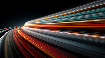 Fototapeta premium Curved light trails stretching upward showing fast moving car acceleration and motion on a night road with city lights creating a dynamic high speed concept background