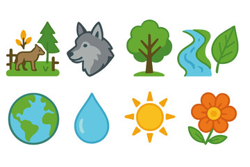 Nature and wildlife icon set. Earth day, environment, eco, animal, landscape in flat style