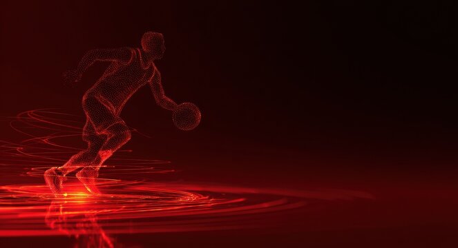 Dynamic basketball player particle silhouette in action pose with red energy effects. Futuristic sports design for athletic competition, sports branding and energy drinks.