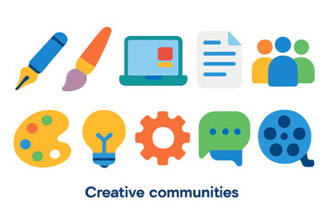 Creative community flat icon set. Collaboration, art, media elements collection
