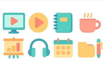 Business essentials flat icon set. Office, productivity tools icons collection.