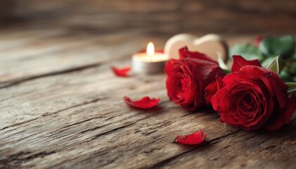 Romantic Valentine'S Day Greeting Card With Red Roses, Heart-Shaped Candle On Antique Wooden Background. Perfect For Valentine'S Holidays. Ample Copy Space Available.