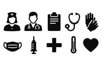 Healthcare and medical silhouette icon set: nurse, doctor, stethoscope, and more
