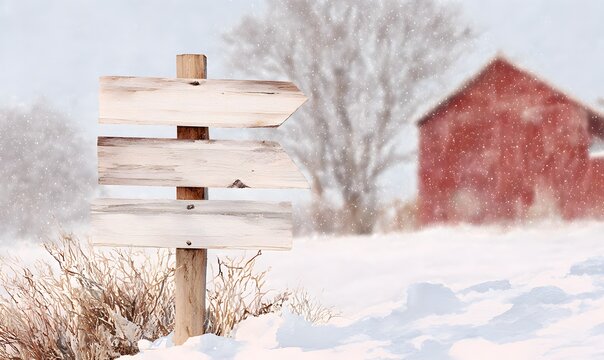 Rustic winter signpost, watercolor scene, four weathered wooden arrow signs stacked vertically on a single post, each plank blank for custom family names