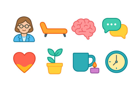 Mental health and therapy icon set. Flat icons highlighting well-being and self-care - Powered by Adobe