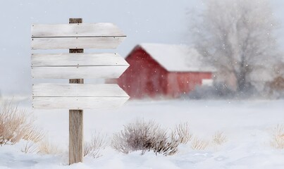 Naklejka premium Rustic winter signpost, watercolor scene, four weathered wooden arrow signs stacked vertically on a single post, each plank blank for custom family names