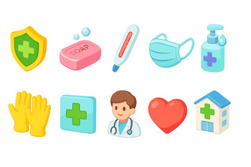 Fototapeta premium Healthcare and medical icon set. 3D health symbols, doctor, mask, and sanitizer collection