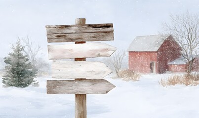 Naklejka premium Rustic winter signpost, watercolor scene, four weathered wooden arrow signs stacked vertically on a single post, each plank blank for custom family names