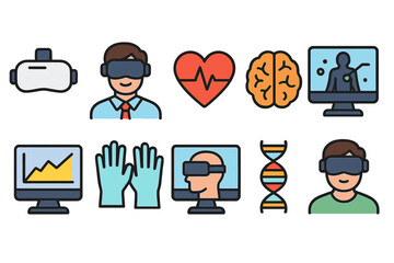 Fototapeta premium Virtual reality, healthcare flat icon set. Medical, technology, vr icons collection
