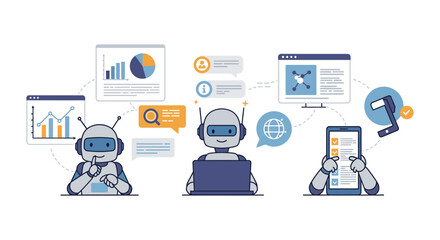 ai chatbot analysis robots processing data providing customer support  managing tasks online ideal for tech blogs  automation solution ads