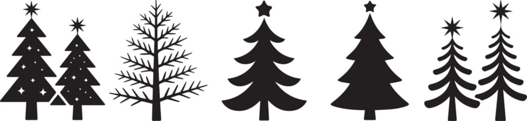 A set of christmas tree silhouettes with stars at the top in black and white