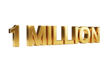 Three dimensional golden text spelling out the number 1 million isolated on transparent background, representing a significant milestone or achievement in business, social media, or finance