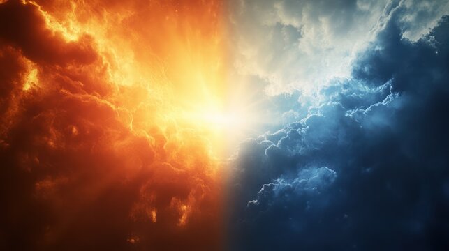 a celestial divide of elemental opposites, where fire meets ice in a mesmerizing display of nature's contrasting power and stunning beauty