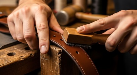 Craftsman applying edge dye to a leather belt with a special brush