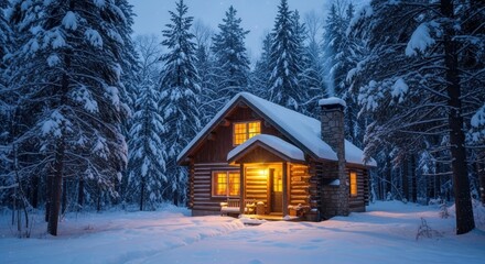 Cozy winter cabin scene nestled amidst snow covered trees and a glowing warmth