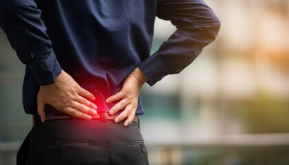 Asian Man Experiencing Musculoskeletal Pain In The Office, Touching His Lower Back With Red Notes. Close-Up Photo Of Back And Waist Pain.