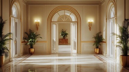 Step into luxury with this stunning interior featuring marble floors, elegant lighting, and lush greenery, perfect for adding sophistication to any project