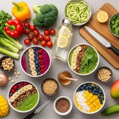 A table decorated with fruits, salads, vegetables, and greens.