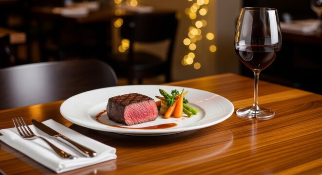 A delicious medium-rare steak served with vegetables and red wine on a wooden table.