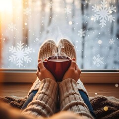 Portrait of a person's hands and feet drinking a cup of coffee while watching snow fall outside the window.