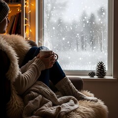Portrait of a person relaxing and drinking a cup of coffee while watching snow fall outside the window.