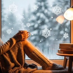 Portrait of a person relaxing and drinking a cup of coffee while watching snow fall outside the window.