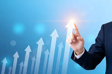 Business development to success concept, businessman pointing arrow graph showing growth increase, financial performance chart, corporate strategy plan, market revenue progress analysis and profit