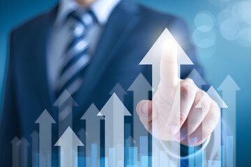 Business growth and success concept, man pointing arrow on financial graph chart, corporate development strategy plan, market investment progress, revenue increase and profit analysis