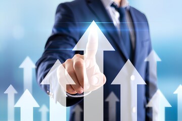 Corporate business development concept showing upward arrow graph, financial report and statistic chart highlighting growth, market performance, investment opportunity and success rate 