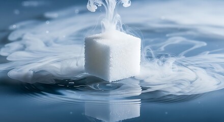 Dissolving sugar cube creating a smoky effect on reflective surface