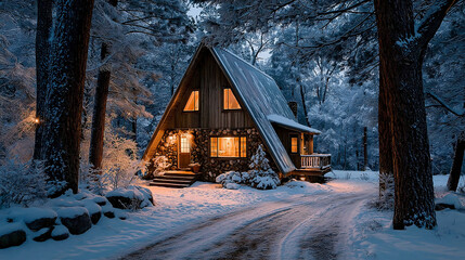 A frame cabin nestled in a snowy forest with warm lights glowing from windows