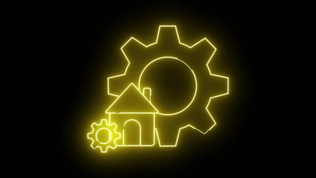 A glowing yellow outline shows a house with two gears one large behind it and a smaller one next to it