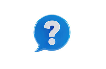 3d blue speech bubble icon with a white question mark inside, symbolizing help, support, inquiry, or frequently asked questions, isolated on transparent background
