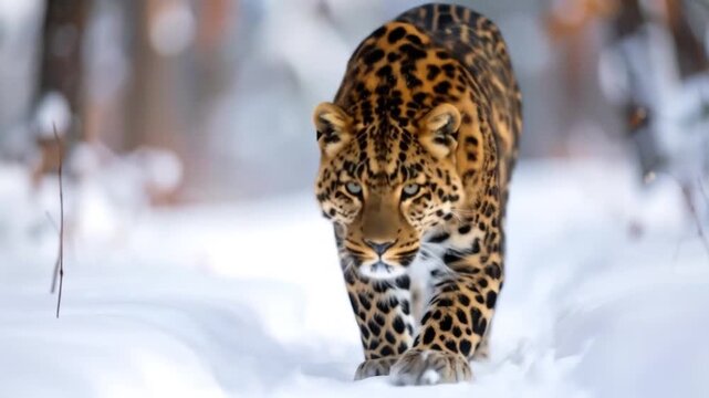 Leopard in winter snow.