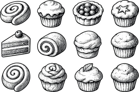 Hand-drawn bakery dessert collection featuring muffins, swirl buns, cake slices, fruit tarts, star cupcakes and assorted sweet pastries - Powered by Adobe