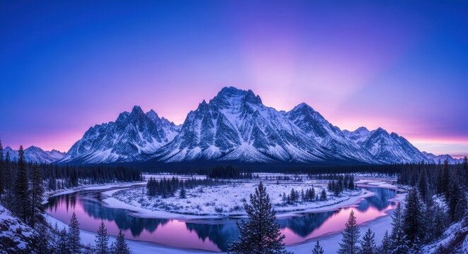 Majestic snow-covered mountains reflected in a serene river under a twilight sky panorama - Powered by Adobe