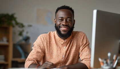Stylish African American Man Enjoying Video Chat With Friends And Working From Home On Computer, Displaying A Happy Expression