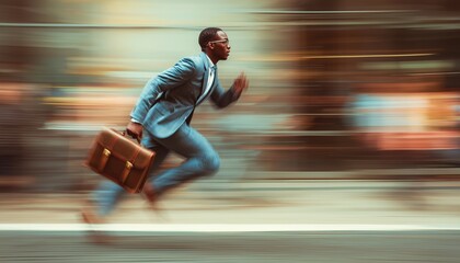 African American Businessman In A Rush With Briefcase In Hand On City Street - Running Late For Work.