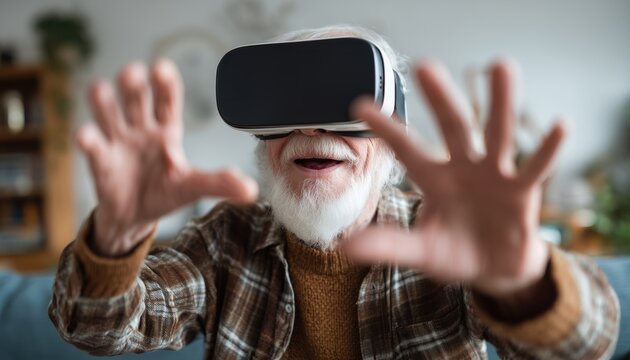 Elderly Gentleman Enthusiastically Engages In Virtual Reality Experience At Home Using Vr Headset, Interacting With Virtual Environment. High-Tech Simulation Fun.