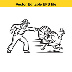 A cartoon cowboy chasing a turkey wearing a hat, vector illustration, isolated on