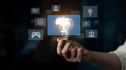 Achievement and success concept representing goal accomplishment, motivation, performance, competition, and excellence in business and personal growth Latch